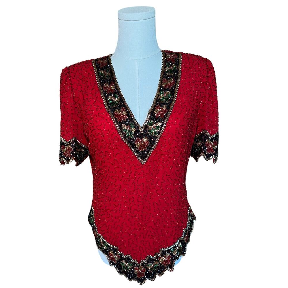 Vintage Lawrence Kazar Red Sequin Beaded Top Large